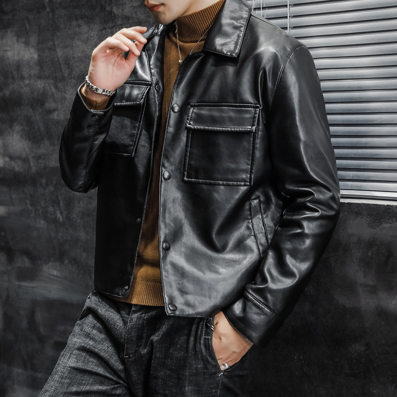 New 2020 Korean version Spring and Autumn men's leather jacket, leather coat, thin leather jacket, cross-border leather jacket wholesale Specification image