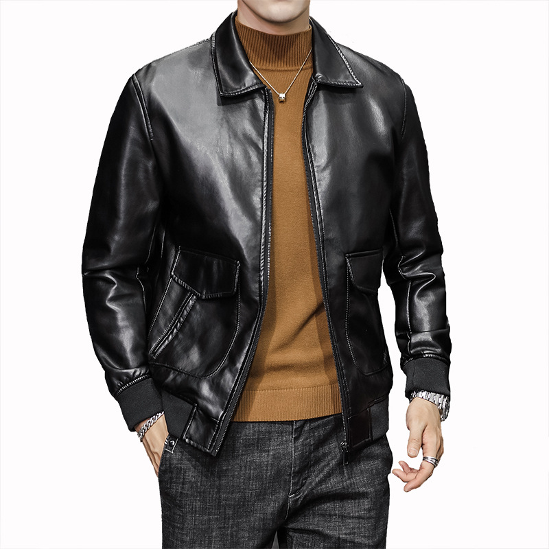 A trendy, slimming and stylish short motorcycle jacket for men in Korean style, a new winter suit collar men's leather jacket Item Picture