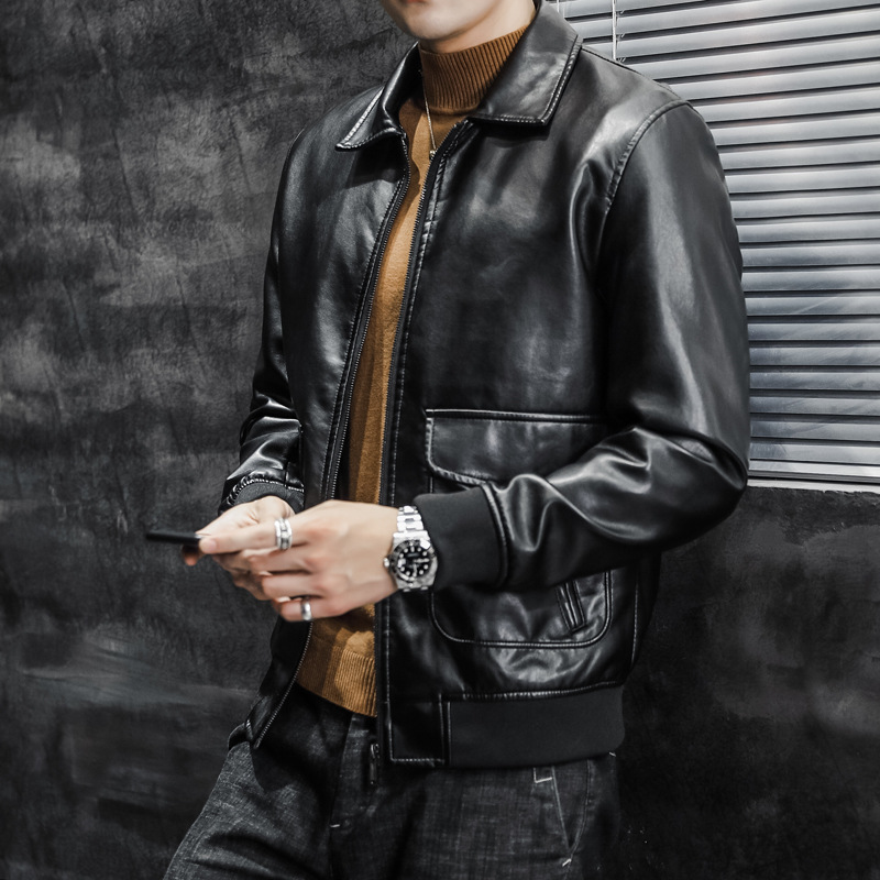 A trendy, slimming and stylish short motorcycle jacket for men in Korean style, a new winter suit collar men's leather jacket