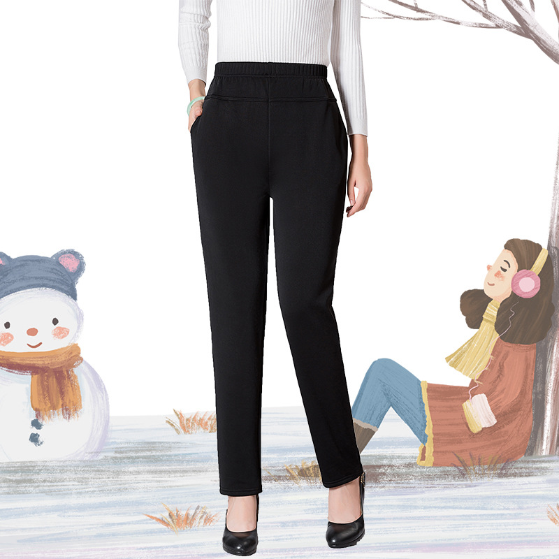 Wholesale of large-sized stretch new casual women's trousers for middle-aged and elderly people with added fleece and thickening, winter high-waisted mom pants, Harun long pants