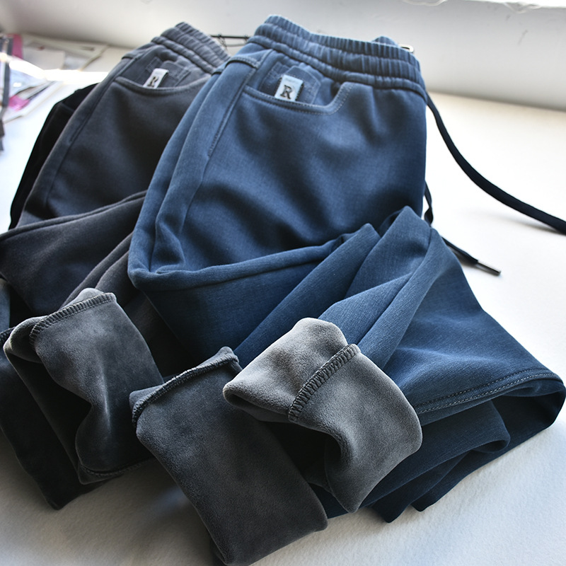 Women's winter fleece thickened mink fleece denim dad pants, straight-leg pants, elastic pants, plate-size women's casual pants