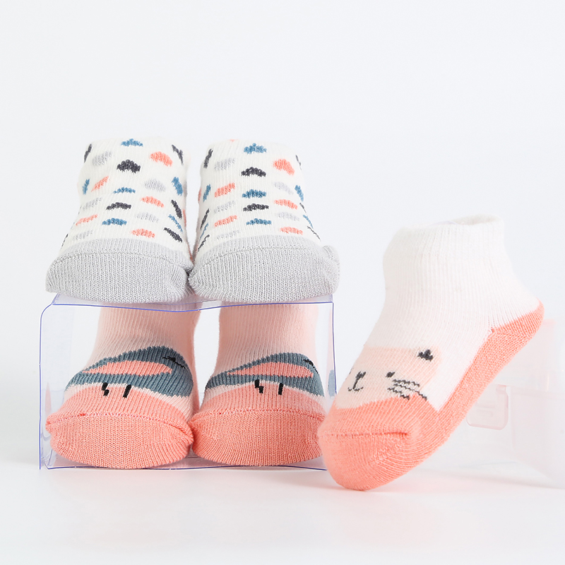 New gift box cotton cartoon anti-slip baby floor socks, striped cute four-piece baby walking socks Item Picture