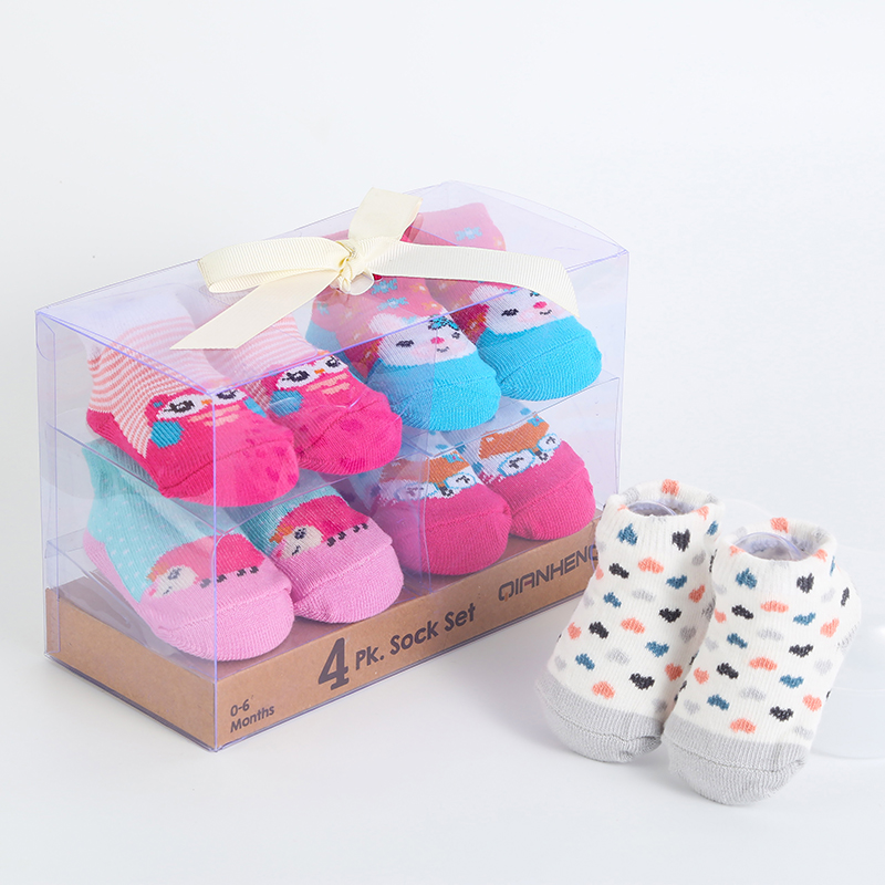 New gift box cotton cartoon anti-slip baby floor socks, striped cute four-piece baby walking socks details Picture