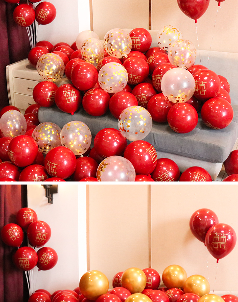 2.2-gram 10-inch printed Double happiness balloons, pomegranate red latex round balloons, wedding room decoration and arrangement balloons Item Picture