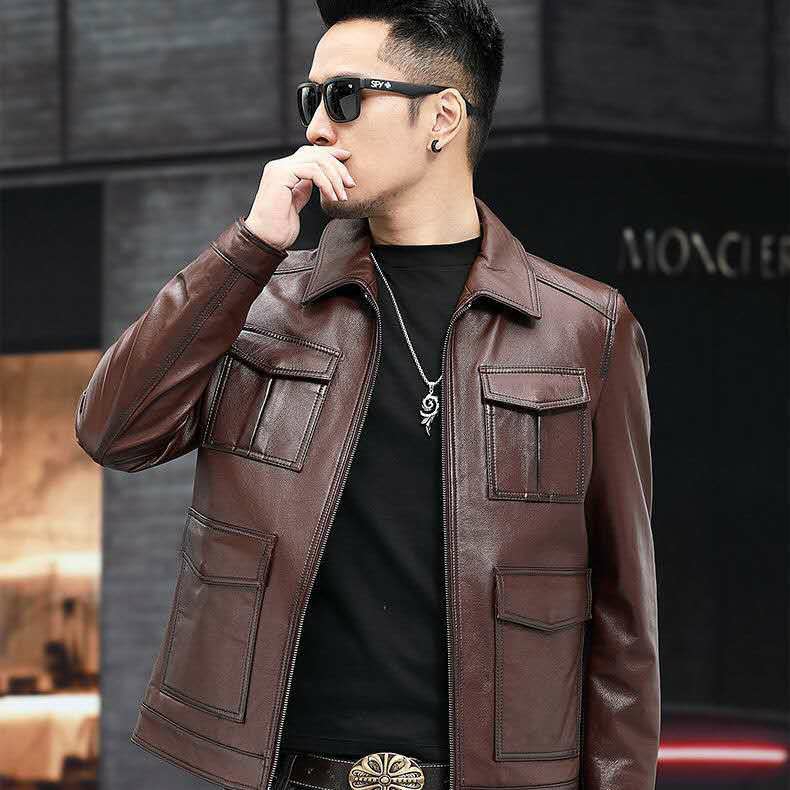 Autumn winter new leather coat man leather head layer cove leisure leather jacket short lapel youth handsome coat tide