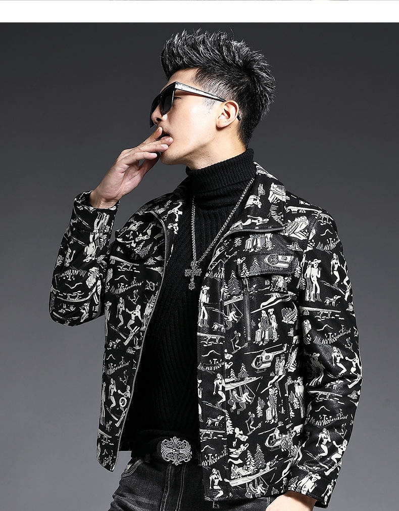 Men's leather trimmer Haining real leather jacket men's sheep skin lapel short print retro youth thin
