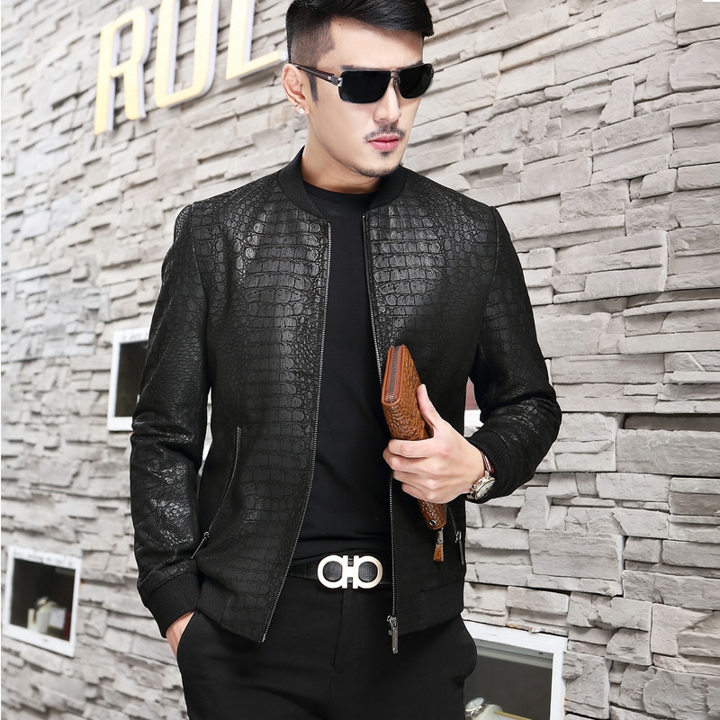 Spring Haining leather coat men's short embossed sheep leather jacket thin slim slim stand collar single leather coat youth
