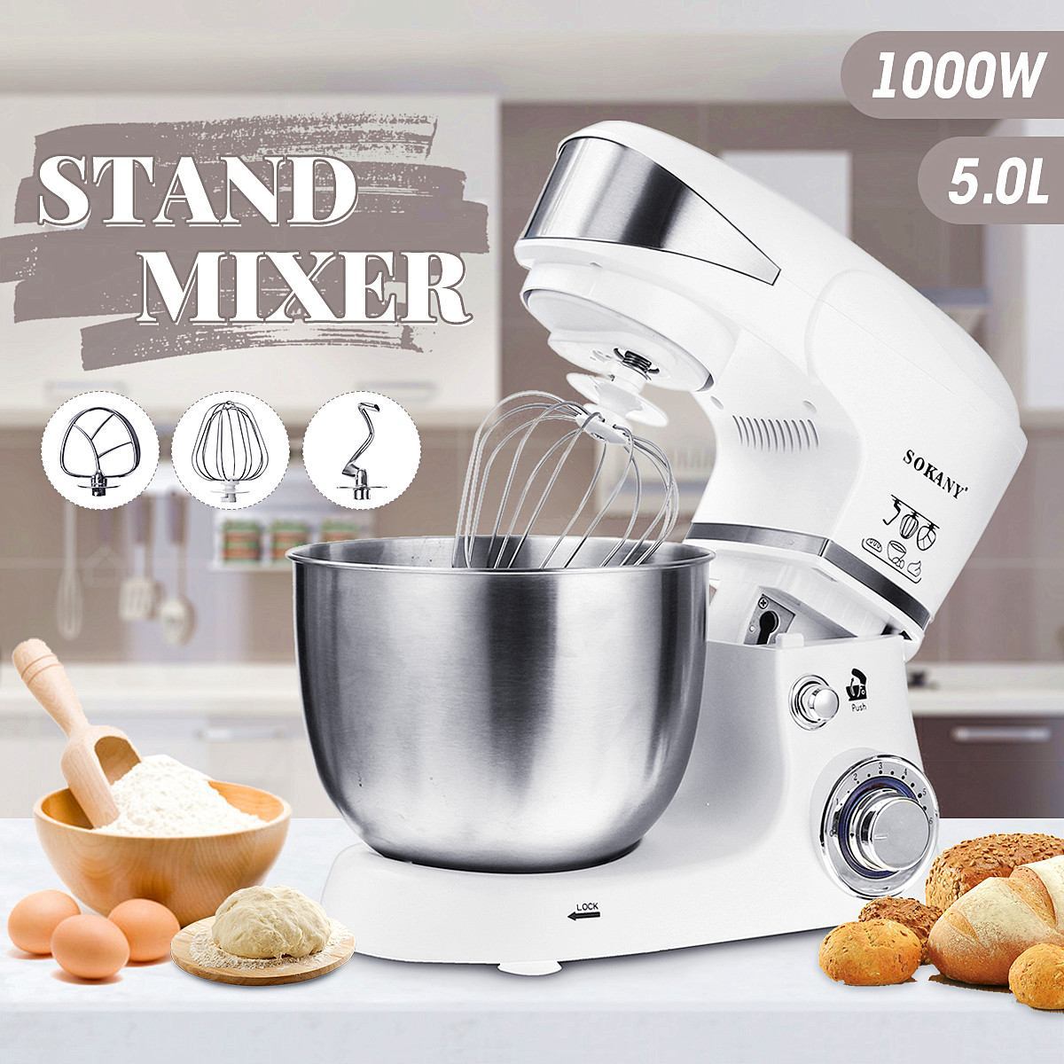 【 Cross-border Hot Sale 】Sokany206 Multi-functional Automatic Commercial Chef Machine, Dough Mixer and Kneader 5L