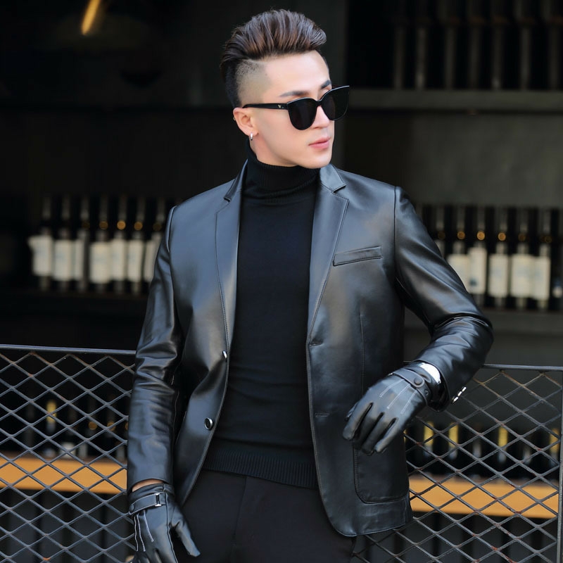 Haining leather suit Men's leather suit men's sheep leather suit collar leather jacket men's slim suit jacket