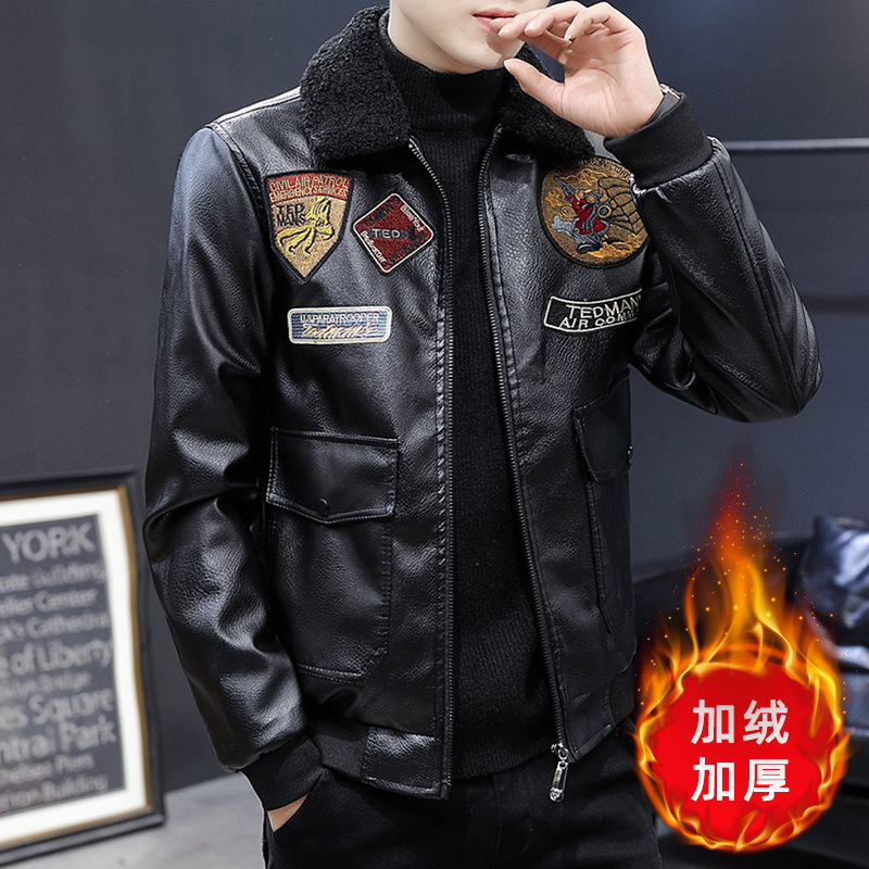Multi-label embroidered flight suit leather jacket, men's thick and slim fleece Korean-style men's coat, winter fur one-piece leather jacket