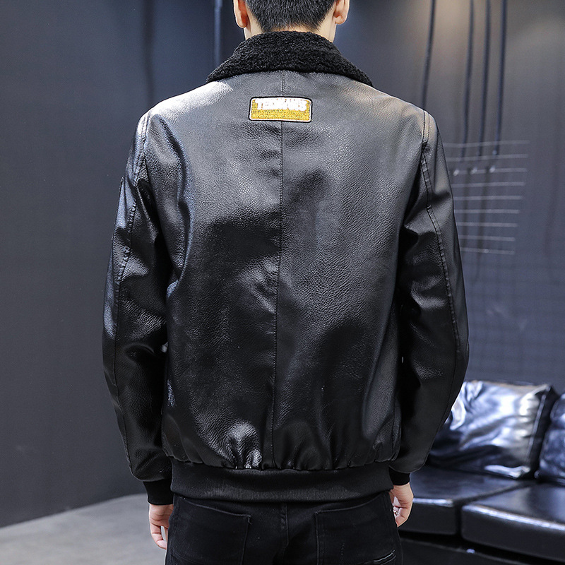 Multi-label embroidered flight suit leather jacket, men's thick and slim fleece Korean-style men's coat, winter fur one-piece leather jacket Application Scenario