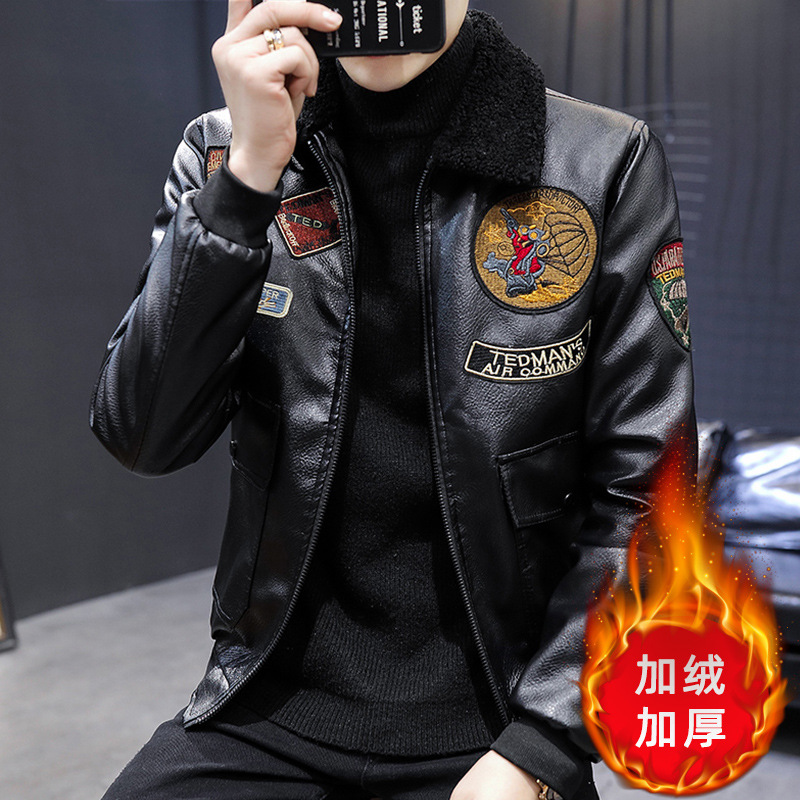 Multi-label embroidered flight suit leather jacket, men's thick and slim fleece Korean-style men's coat, winter fur one-piece leather jacket details Picture