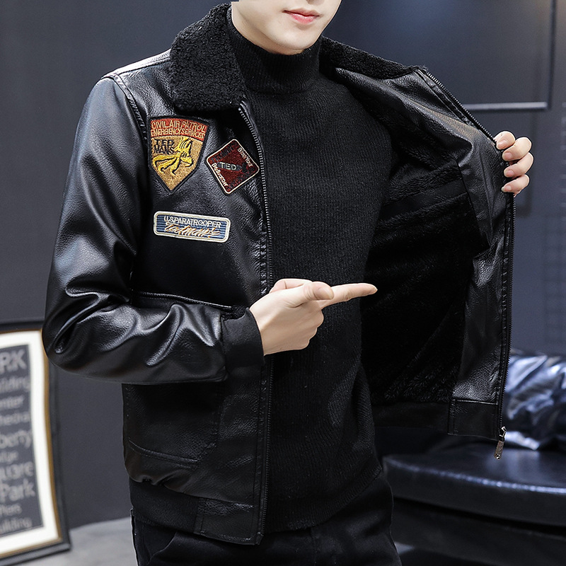 Multi-label embroidered flight suit leather jacket, men's thick and slim fleece Korean-style men's coat, winter fur one-piece leather jacket Specification image