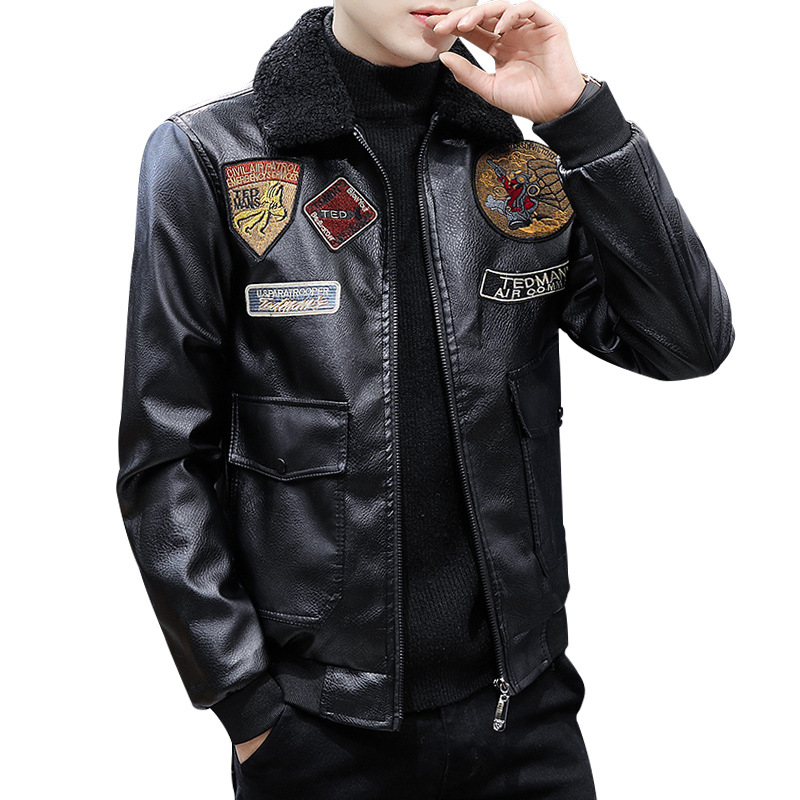 Multi-label embroidered flight suit leather jacket, men's thick and slim fleece Korean-style men's coat, winter fur one-piece leather jacket Item Picture