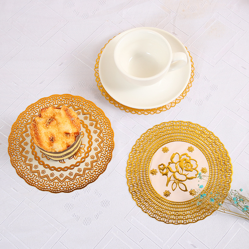 Creative waterproof and anti-slip round table placemats with printed eco-friendly soup plate MATS, pvc gold-embossed silver coasters, heat-insulating pads with hollowed-out designs details Picture