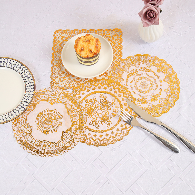 Creative waterproof and anti-slip round table placemats with printed eco-friendly soup plate MATS, pvc gold-embossed silver coasters, heat-insulating pads with hollowed-out designs Application Scenario