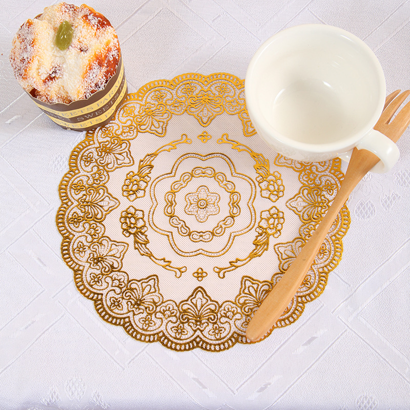 Creative waterproof and anti-slip round table placemats with printed eco-friendly soup plate MATS, pvc gold-embossed silver coasters, heat-insulating pads with hollowed-out designs full figure