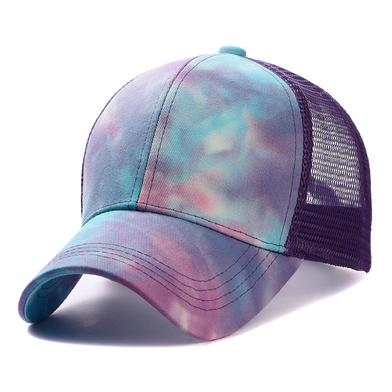 New outdoor tie-dyed ponytail net caps from Europe and America, colorful, personalized and trendy baseball caps for women, thin sunshade baseball caps Item Picture