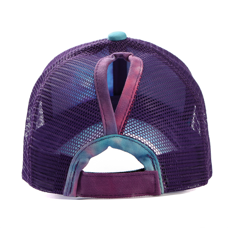New outdoor tie-dyed ponytail net caps from Europe and America, colorful, personalized and trendy baseball caps for women, thin sunshade baseball caps details Picture
