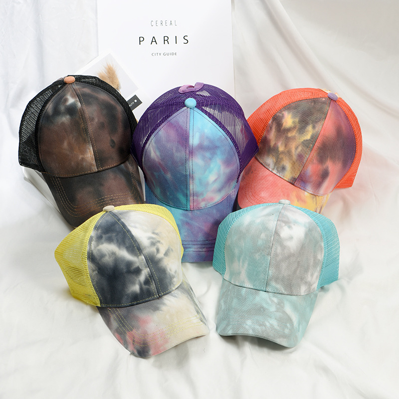 New outdoor tie-dyed ponytail net caps from Europe and America, colorful, personalized and trendy baseball caps for women, thin sunshade baseball caps
