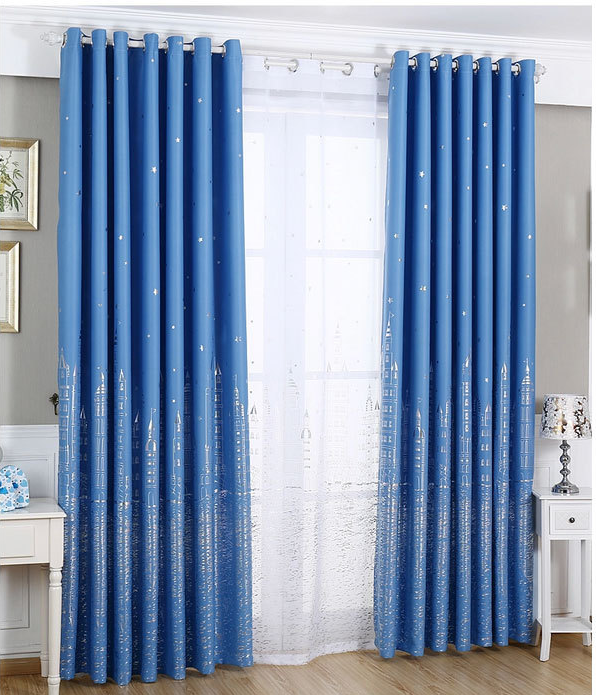 Silver-embossed castle blackout and heat-insulating fabric printed curtains, children's light luxury and simple bay window curtains