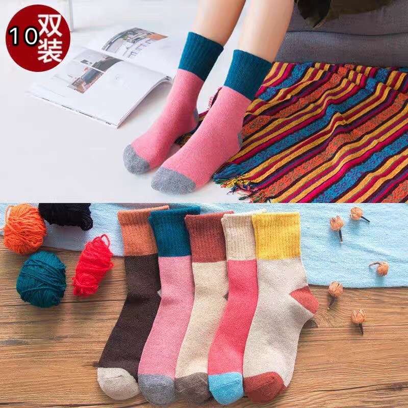 Sock street stall export socks, winter ethnic style double-needle four-color color-blocked thick warm rabbit wool socks, women's loop socks, women's socks wholesale export socks