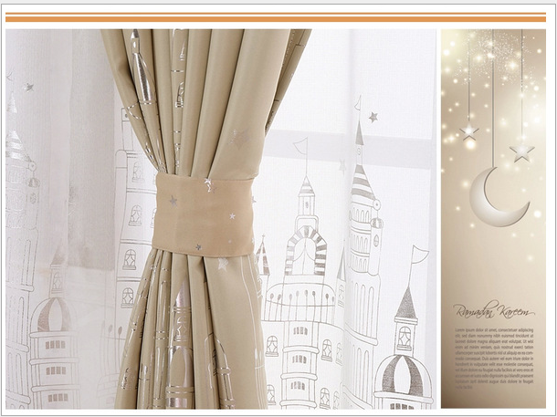 Silver-embossed castle blackout and heat-insulating fabric printed curtains, children's light luxury and simple bay window curtains Item Picture