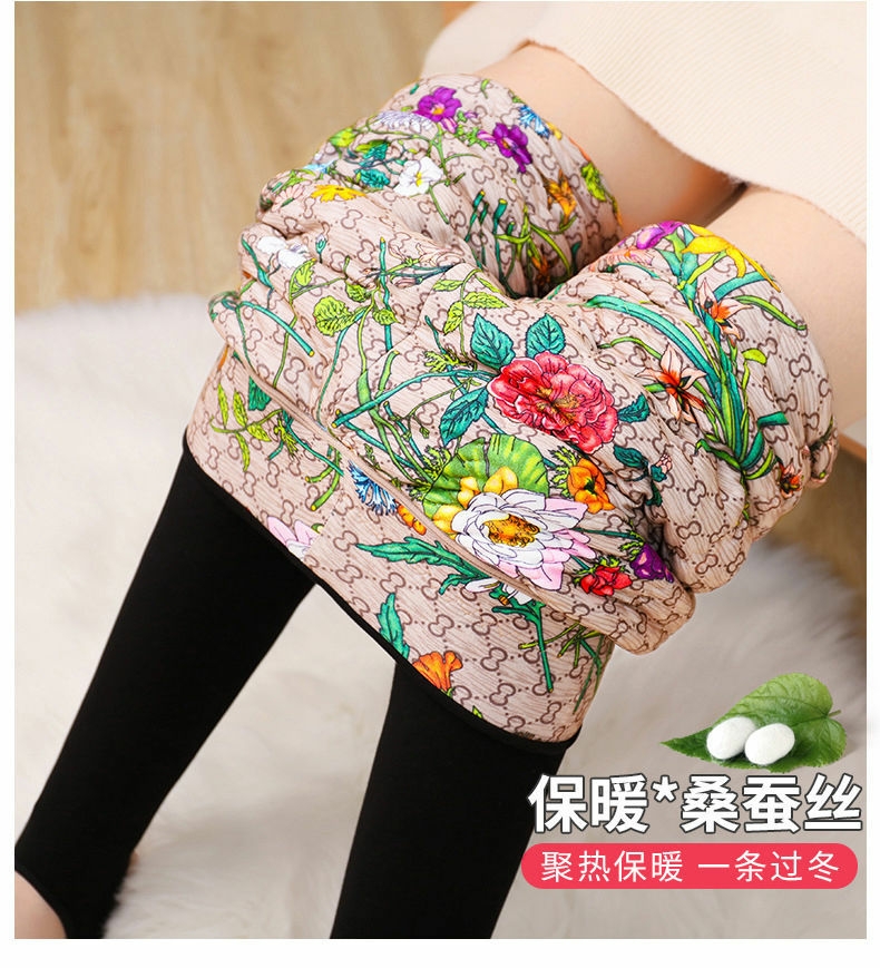 Flowers open wealth silk cotton pants lady winter fleece and thick leggings wear high waist super thick thermal pants northeast