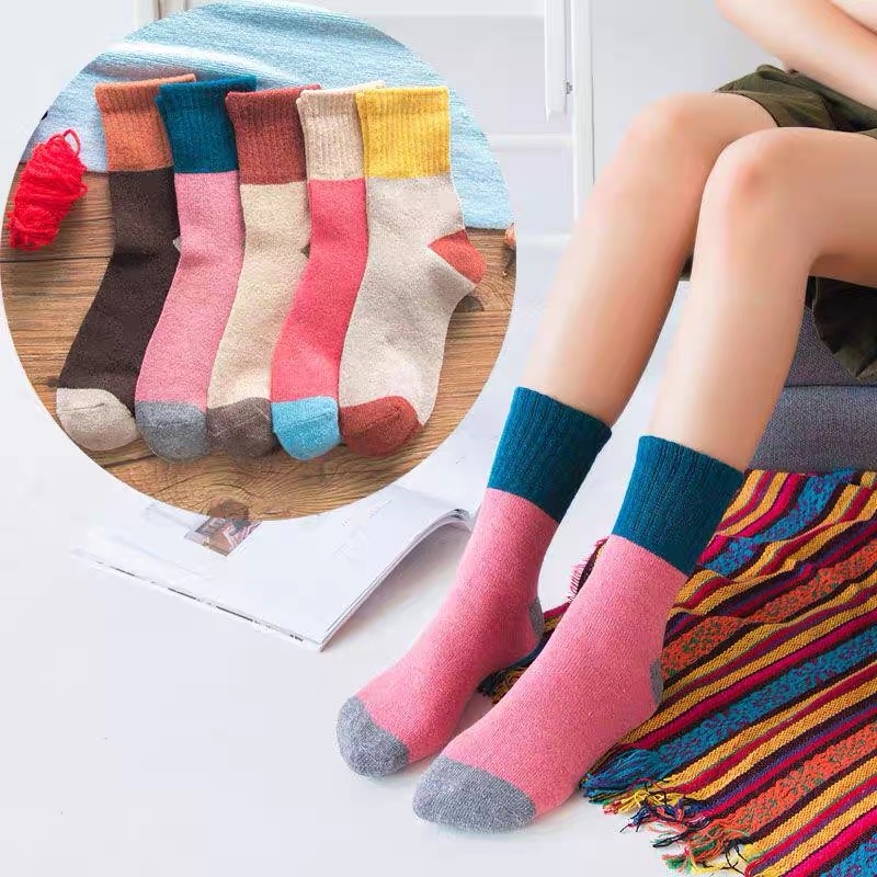 Sock street stall export socks, winter ethnic style double-needle four-color color-blocked thick warm rabbit wool socks, women's loop socks, women's socks wholesale export socks Specification image