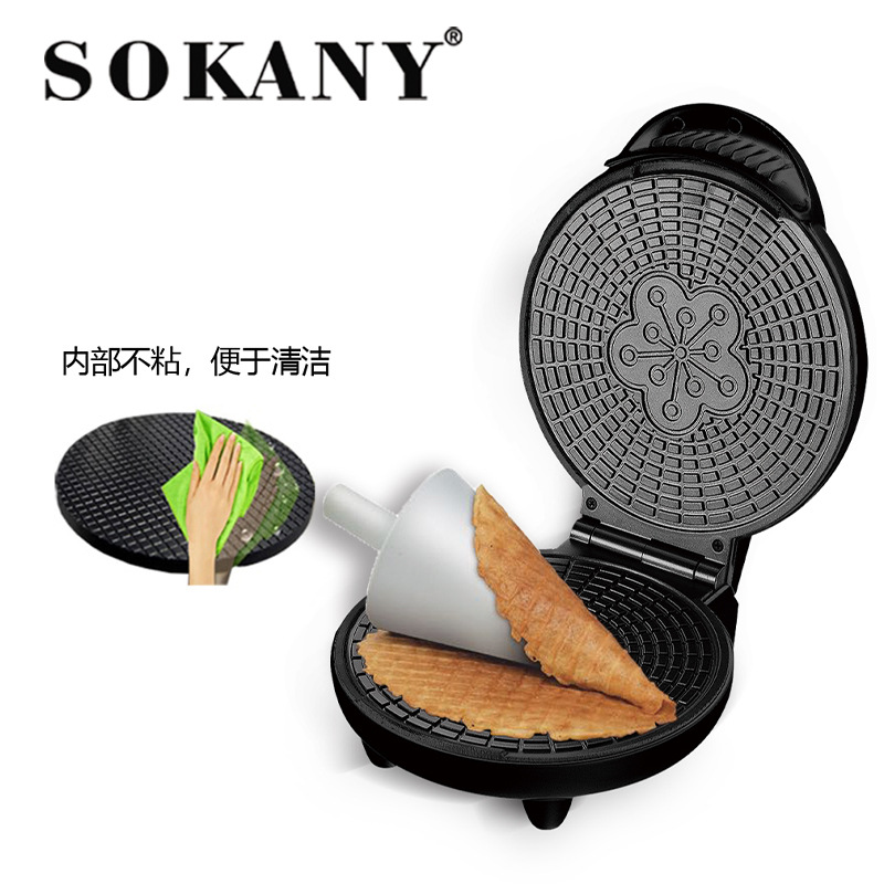 [Cross-border Exclusive] SOKANY109 Thin Pancake Egg Roll Electric Pancake Stand Waffle Cone Manufacturing Double-sided Heating Machine Application Scenario
