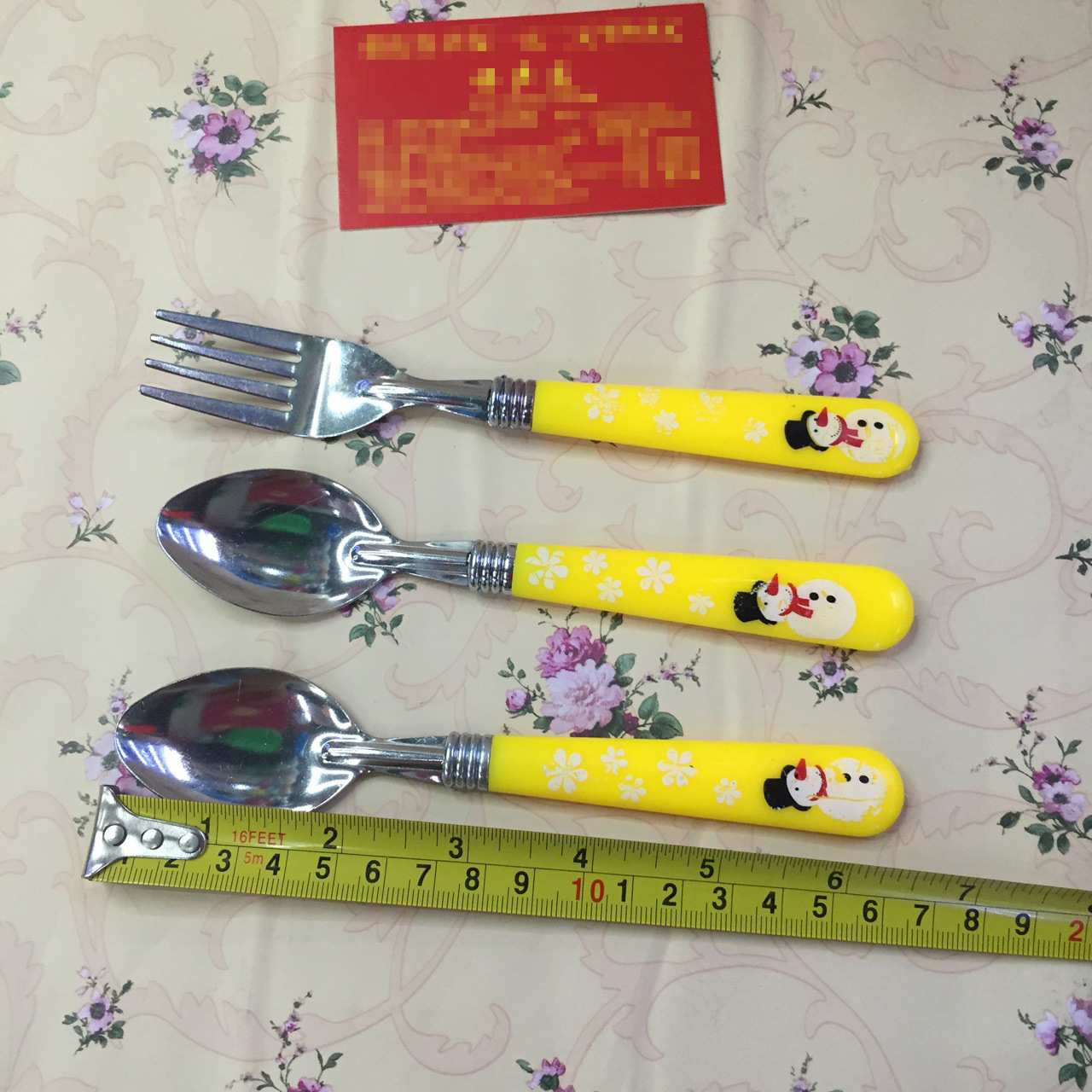 Factory direct sales of children's stainless steel card head spoons, knives, forks, water-throwing process Western three-piece home tableware wholesale Specification image