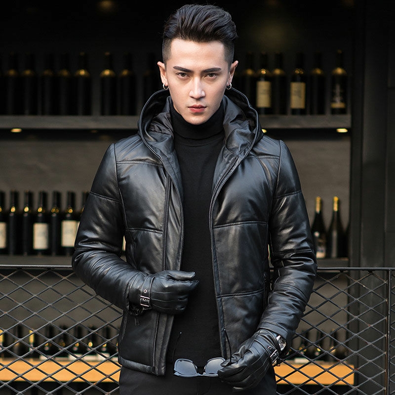Winter new Haining sheep leather leather coat men's down jacket short style slim-fit Korean leather jacket