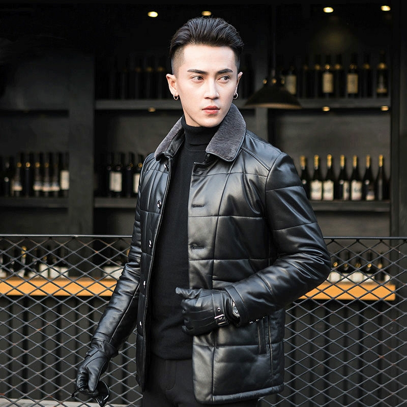 Haining down leather sheep leather down jacket male lamb lapel short men's leather jacket thick coat
