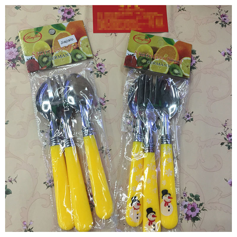 Factory direct sales of children's stainless steel card head spoons, knives, forks, water-throwing process Western three-piece home tableware wholesale Item Picture