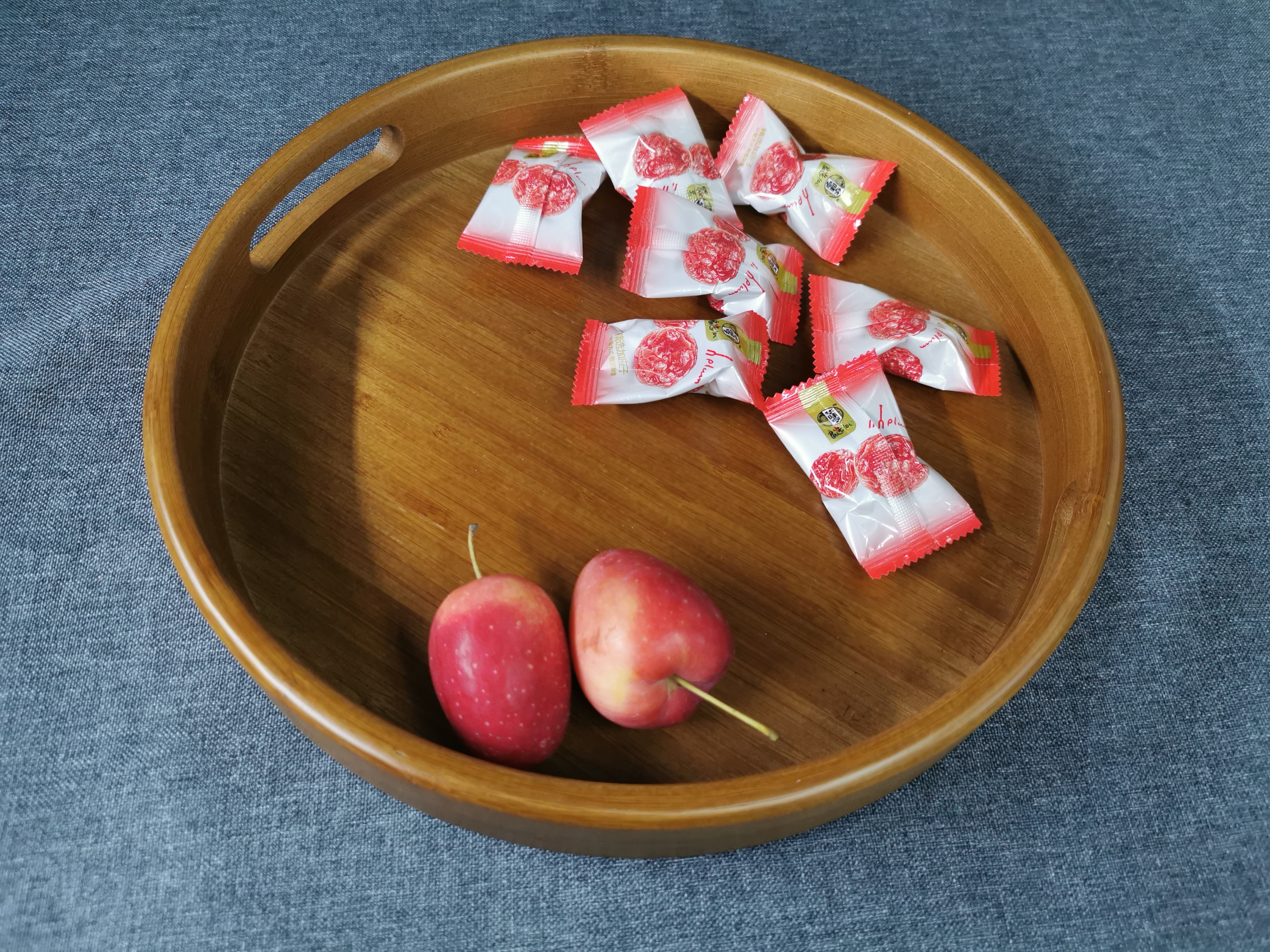 红木色圆形点心托盘茶盘套盘圆竹盘竹制工艺品
