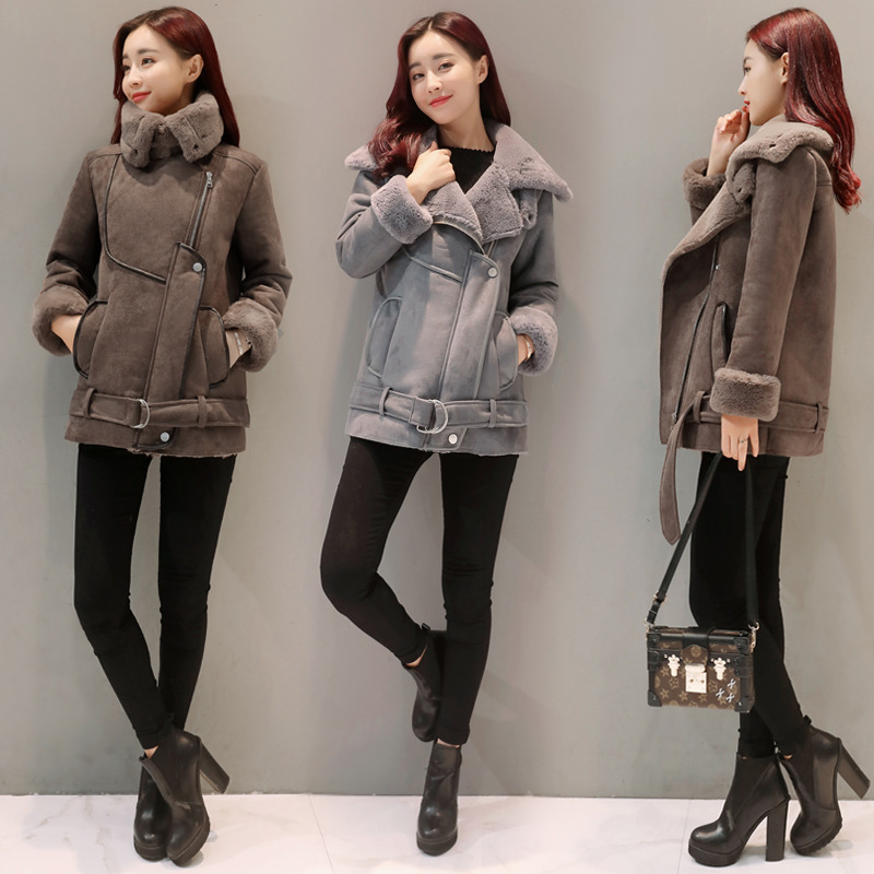 Winter new women's clothing: Thickened mid-length overcoat, fleece Korean motorcycle jacket for women