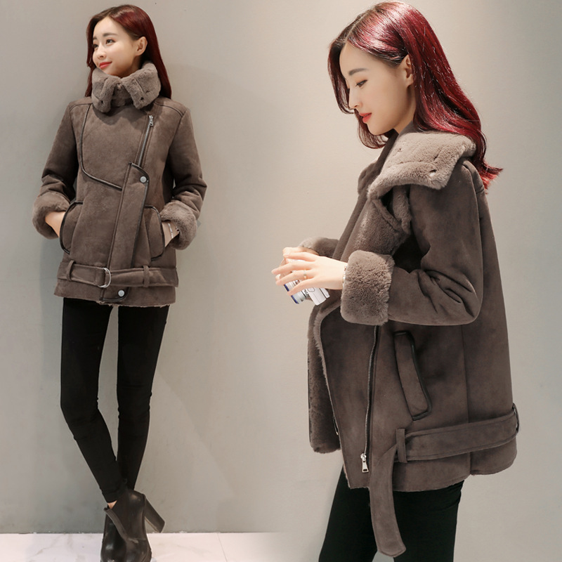 Winter new women's clothing: Thickened mid-length overcoat, fleece Korean motorcycle jacket for women Item Picture