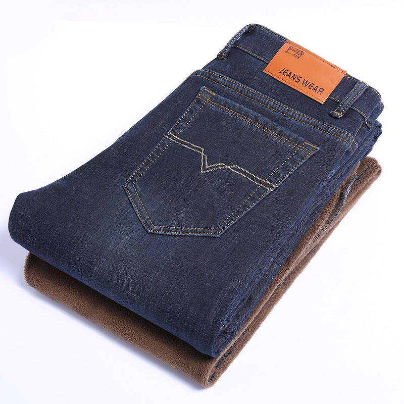 Autumn and winter jeans, men's slim-fit straight jeans, men's thickened fleece stretch pants, trendy details Picture