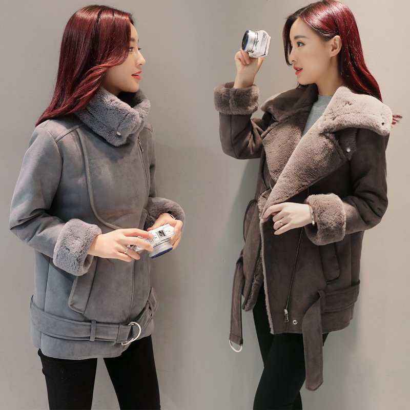 Winter new women's clothing: Thickened mid-length overcoat, fleece Korean motorcycle jacket for women details Picture