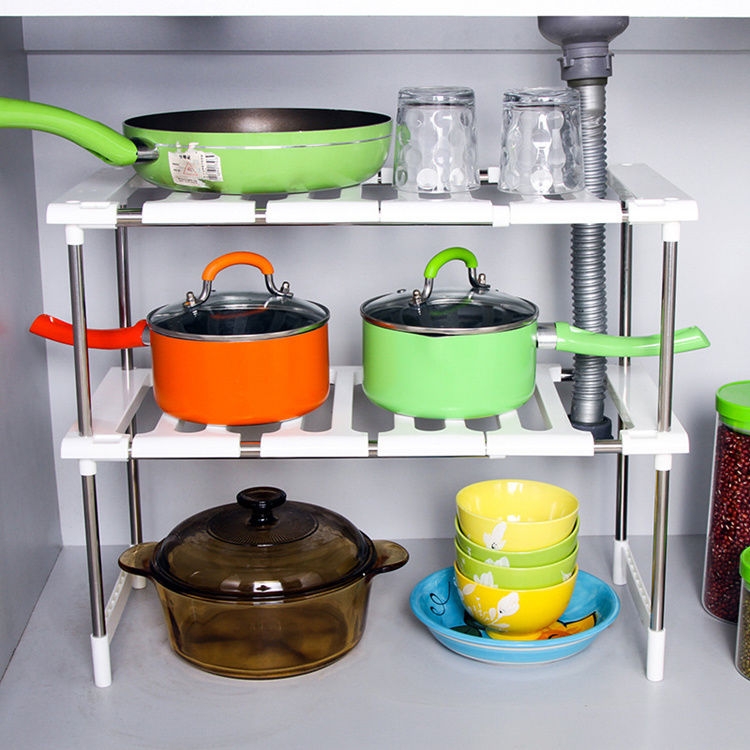 Extendable stainless steel sink rack, kitchen storage rack, storage rack, cabinet pot rack, multi-layer bowl rack, floor-standing Specification image
