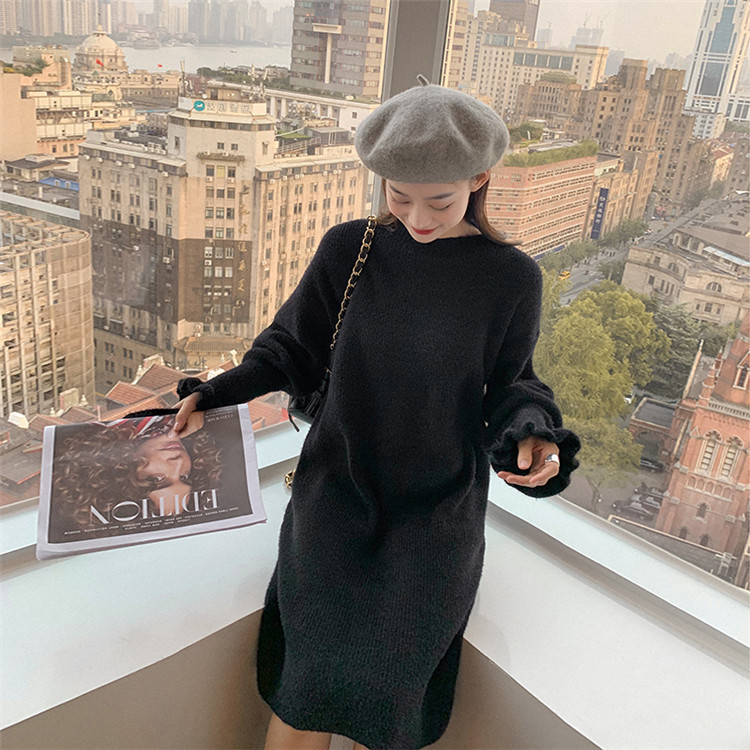 Round tie, scarf, woolen dress for women's autumn and winter, thick and loose imitation mink, long knee-length flared sleeve knitted dress Application Scenario