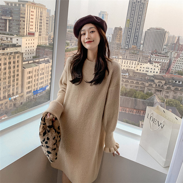 Round tie, scarf, woolen dress for women's autumn and winter, thick and loose imitation mink, long knee-length flared sleeve knitted dress details Picture
