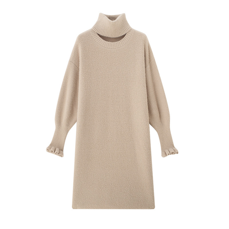 Round tie, scarf, woolen dress for women's autumn and winter, thick and loose imitation mink, long knee-length flared sleeve knitted dress Item Picture