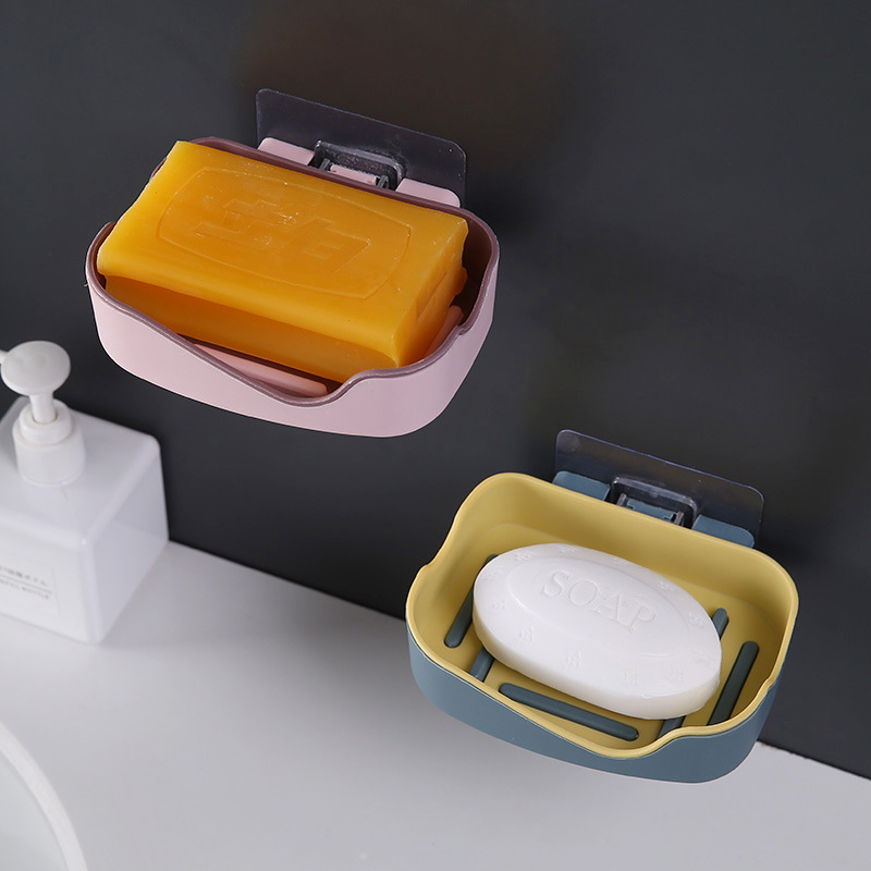 Creative double-layer non-punching bathroom shelf and two-color wall-mounted soap box with strong and seamless adhesive and draining soap details Picture