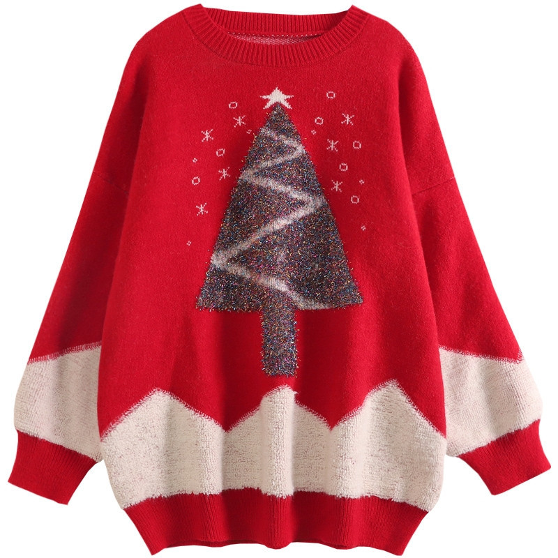 New loose and laid-back style sweater for women in the 2020 autumn and winter, featuring a Korean-style round-neck shiny silk Christmas tree thickened knitted top Item Picture
