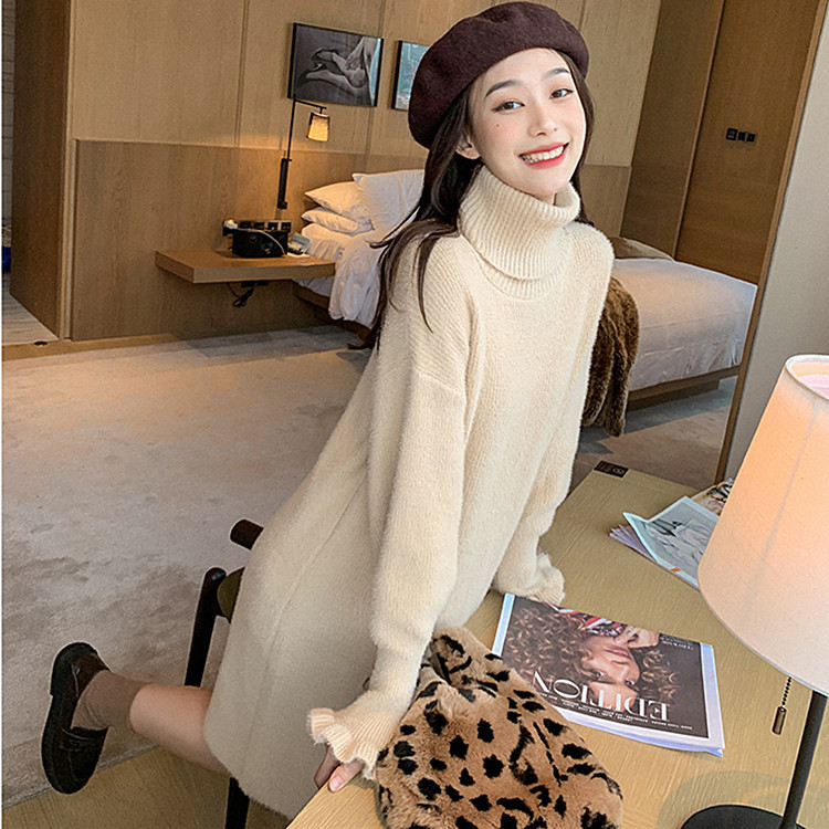 Round tie, scarf, woolen dress for women's autumn and winter, thick and loose imitation mink, long knee-length flared sleeve knitted dress