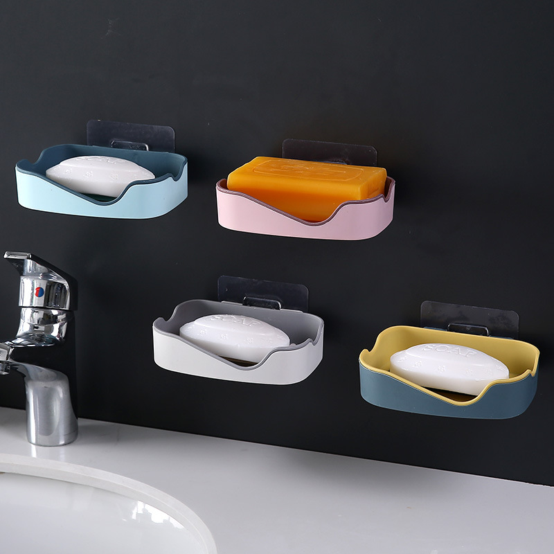 Creative double-layer non-punching bathroom shelf and two-color wall-mounted soap box with strong and seamless adhesive and draining soap