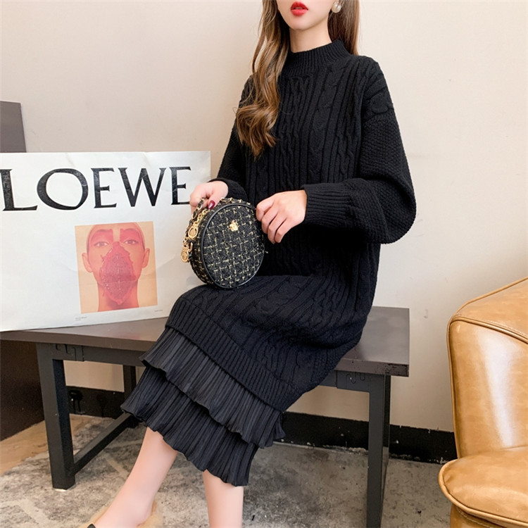 Knee-length woolen dress for women, with a loose and laid-back style of patchwork and twisted patterns, is a new thick knitted dress for autumn and winter 2020 Specification image