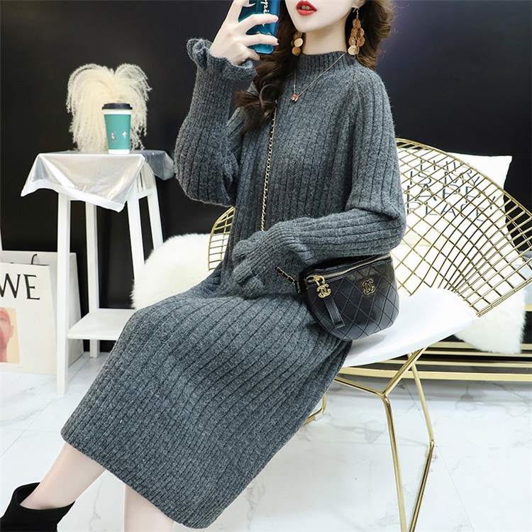 Long knee-length sweater dress for women, Korean style loose semi-high collar autumn/Winter 2020 new style black ear-trimmed knitted one-piece women's dress Application Scenario