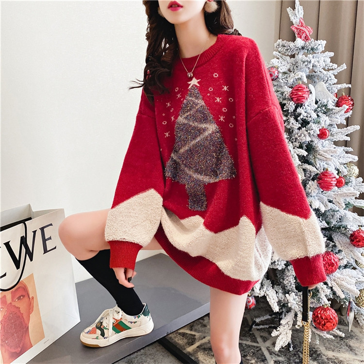 New loose and laid-back style sweater for women in the 2020 autumn and winter, featuring a Korean-style round-neck shiny silk Christmas tree thickened knitted top details Picture